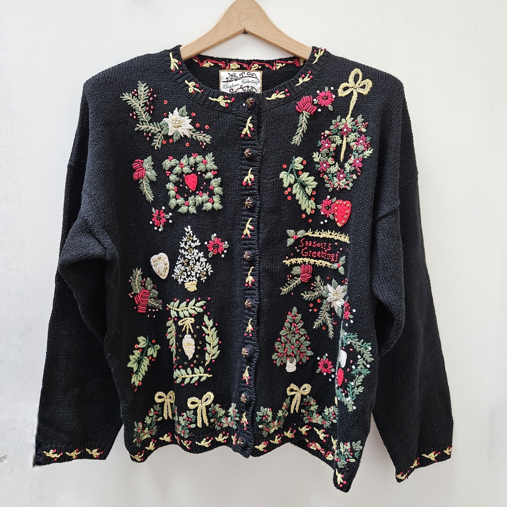 Holiday Embroidered Black Cardigan vintage Y2K Christmas Sweater Sz L